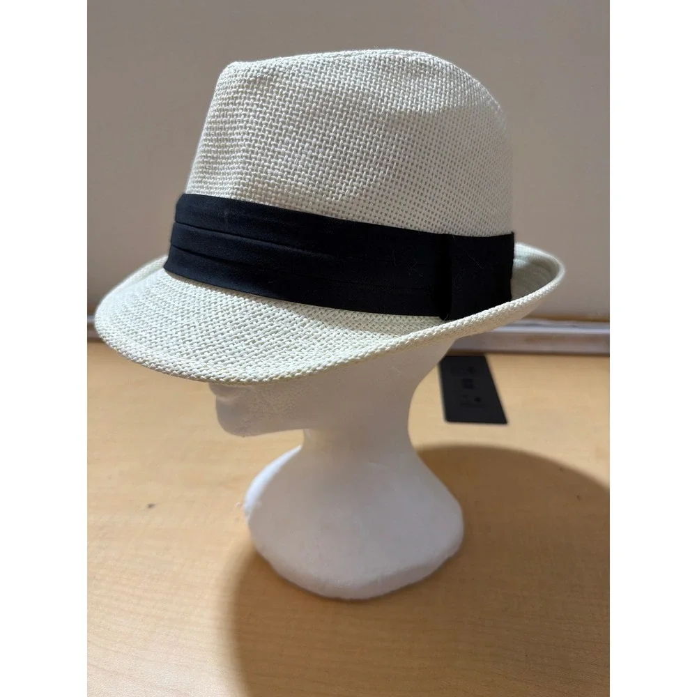 Unbranded Straw Fedora Hat Cream Off-White Black Ribbon Band Size 60-61 Summer
